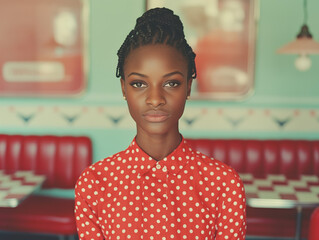 Elegant Black Woman in Polka Dot Dress Seated at Retro Diner with Vintage Decor and Classic Furniture
