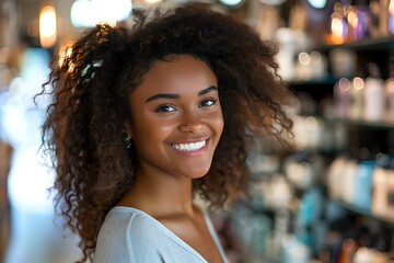Fototapeta premium A vibrant image of a cheerful young African American salesperson with a beautiful hairstyle, standing in a well-lit beauty store