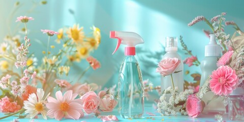 Elegant setting featuring a blue table adorned with vases, floral arrangements, and colorful bottles