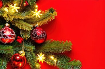 Obraz premium Red elegant background for Christmas or New Year postcard, Festive Christmas atmosphere. Banner, Poster, Wallpaper, Copy space. Christmas tree, balls, and snowflakes on red background.