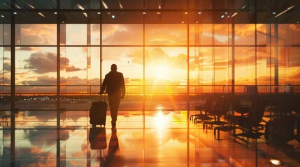 busines men walking at the airport with luggage trolley at sunset, bussines man at airport