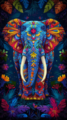 Naklejka premium Indian elephant in colorful floral pattern. Abstract art print.