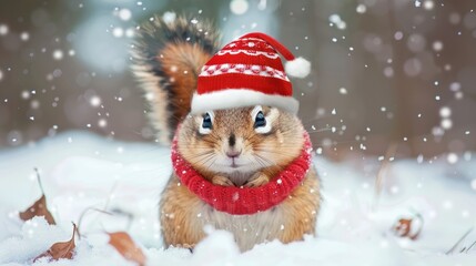 Chipmunk in snow with winter clothes like Santa Claus.. Christmas style hat and sweater. Funny animals in winter.