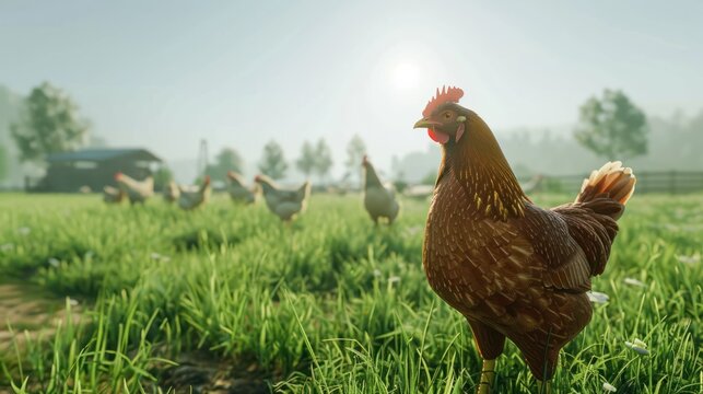 Chicken farm with green grass and clear sky
