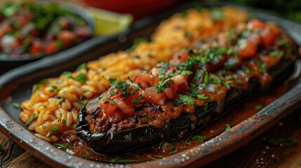 Fototapeta premium Stuffed Poblano Peppers with Cheese and Tomato Sauce - Served with Rice and Refried Beans