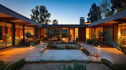 evening view of a suburban mid-century modern home with a central courtyard and mood lighting