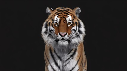 Fototapeta premium Tiger's Gaze: A powerful and majestic tiger stares intensely into the camera, its stripes and fur a captivating contrast against a dark background. The image evokes feelings of strength, wildness, and