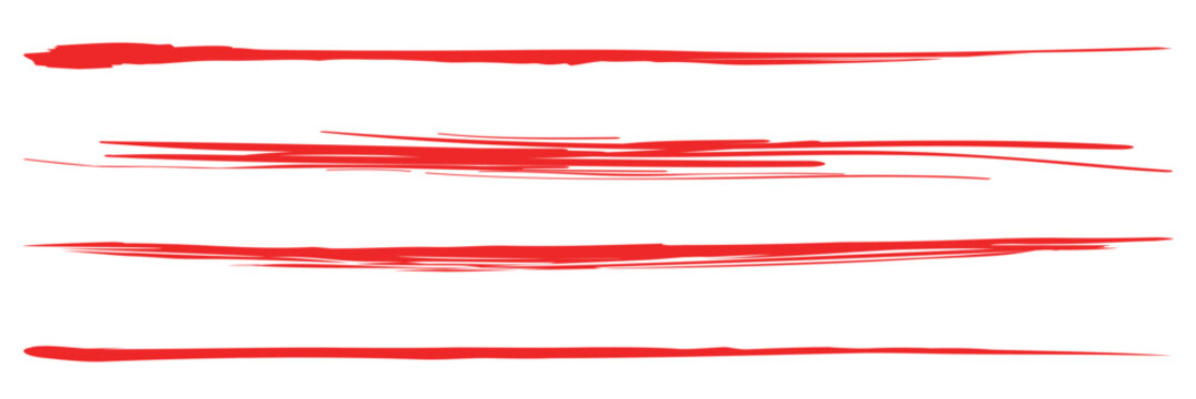 Various red crayon drawn lines, underlines and curved strokes. Doodle grungy smears and rough crayon strokes.  Red line, grunge brush stroke.