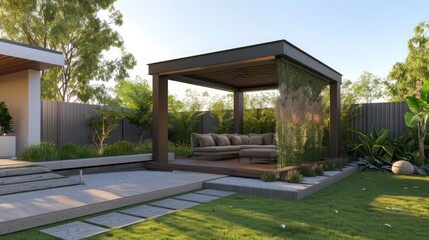 Fototapeta premium modern gazebo in the backyard of a suburban home, designed with clean lines and a minimalist aesthetic