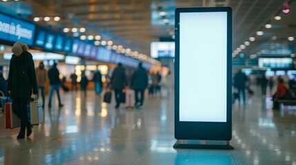 Brightly lit advertising light box in a busy airport terminal, surrounded by travelers and airport signage