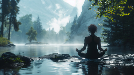 Obraz premium Yoga Meditation by Misty Mountain Lake with Serene Forest Surroundings Background Wallpaper