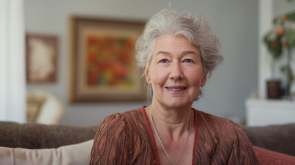 positive older woman at home, looking at the camera, portrait photography  