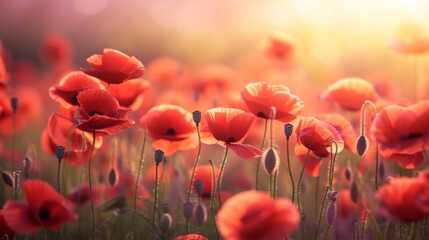 Fototapeta premium A field of vibrant red poppy flowers in full bloom
