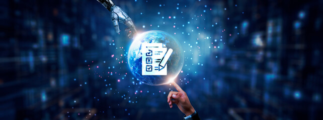 Hands of robot and human touching on assessment icon, global network connection, data analysis, performance metrics, and artificial intelligence technology........