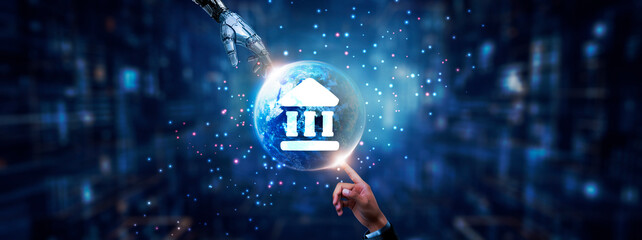 Hands of robot and human touching on digital banking icon global network connection, mobile banking solutions, financial transactions, cybersecurity, and artificial intelligence technology........