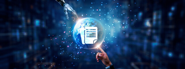 Hands of robot and human touching on Document Management Icon global network connection, cloud storage integration, workflow automation, data security, and artificial intelligence technology.