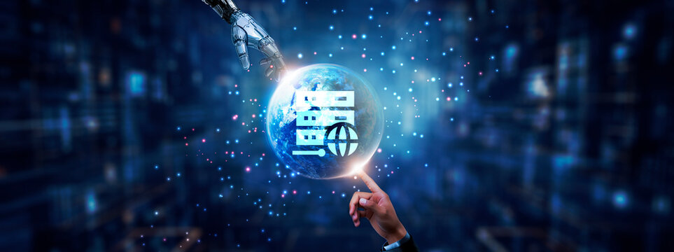 Hosting: Secure servers, Hands of robot and human touching on hosting icon global network connection, cloud services, uptime reliability, scalability, and artificial intelligence technology.