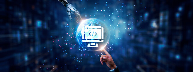 Hands of robot and human touching on web development icon global network connection, front-end development, back-end development, responsive design, and artificial intelligence technology........