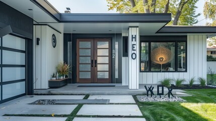 The front entry of a suburban mid-century modern home with a bespoke door and artistic house numbers