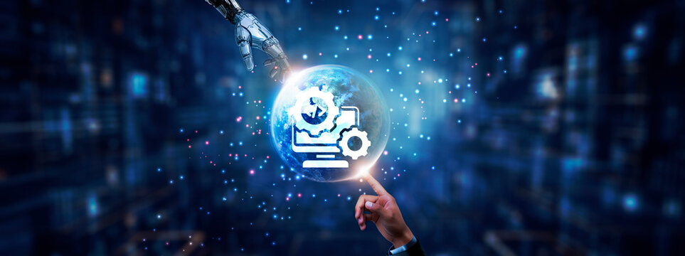 Software Development: Hands of robot and human touching on collaboration icon global network connection, cloud computing, machine learning, agile methodology, and artificial intelligence technology.