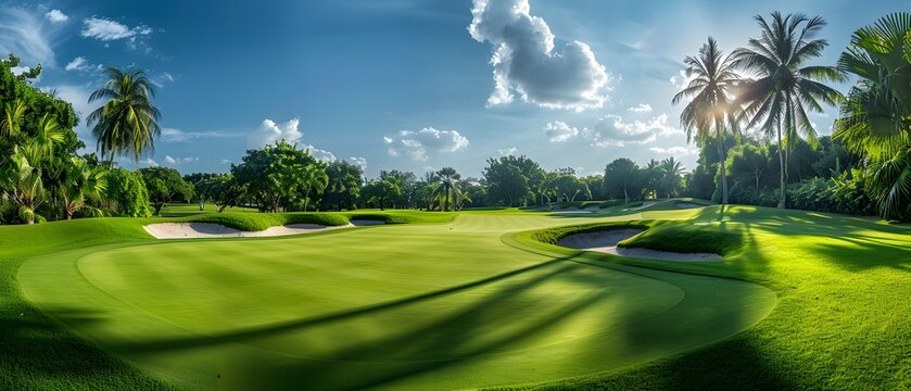 View of a golf course in Thailand with lush green grass, beautiful scenery with sand pits bunker beside the greens and golf holes. blue sky sunny day.