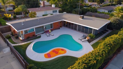 Fototapeta premium bird's-eye view of a suburban mid-century modern home with a custom pool shaped like an artist's palette