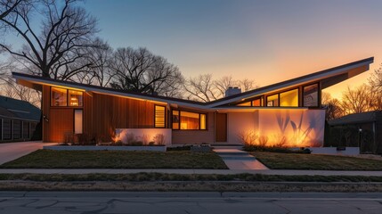 The facade of a Suburban Mid-Century Modern home during the golden hour, highlighting its unique angles and warm wooden accents