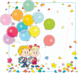 School background with happy little schoolchildren with colorful holiday balloons going among flying autumn leaves to school for start of classes, vector cartoon illustration