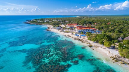 Aerial view of the hotels and resorts in Cancun, Mexico