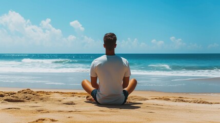 Fototapeta premium A man sits in a meditative pose on a sandy beach, facing the ocean. The sky is blue and clear with a few fluffy white clouds. The waves gently lap at the shore