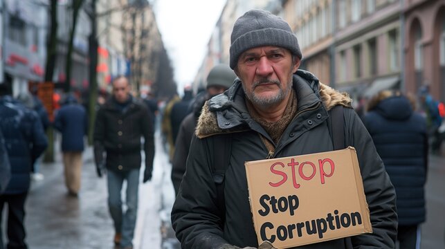 Activist holding a "Stop Corruption" sign, symbolizing the ongoing battle against corrupt practices in government