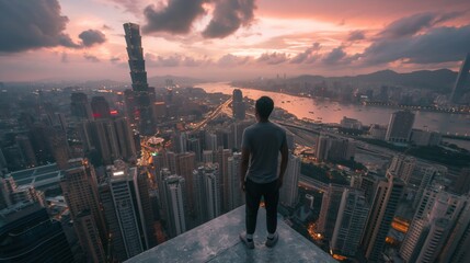 Naklejka premium A lone man stands on a rooftop overlooking a sprawling city at sunset, with towering skyscrapers, a winding waterway, and colorful clouds in the sky