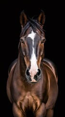 Obraz premium Bay Horse Majesty: A powerful bay horse with a striking blaze stares directly at the viewer against a dramatic black background. 