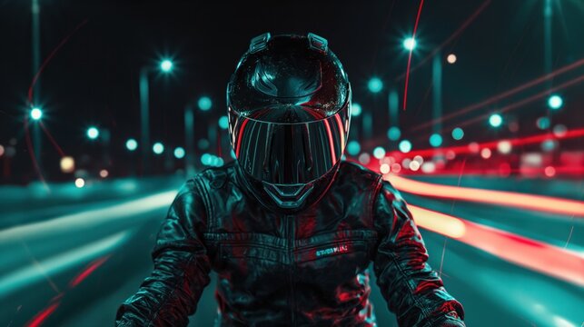 dynamic dieselpunk portrait of a street racer, with a helmet and leather jacket, set against a backdrop of roaring engines and city lights, embodying the thrill of speed and technology