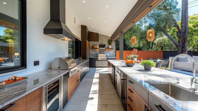 detailed view of a suburban mid-century modern homea??s outdoor kitchen, with custom countertops and integrated appliances