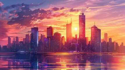 Fototapeta premium Panorama of modern city with skyscrapers at sunset, illustration