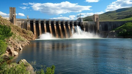 Hydroelectric dam generating electricity, demonstrating the use of water flow to produce renewable energy, minimizing environmental impact compared to fossil fuel power plants
