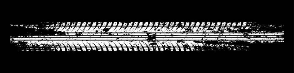 Grunge tire track, wheel braking marks. White truck, car or motorcycle tread pattern silhouette. Auto race, motorsport, speed racing design element. Vector illustration