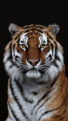 Obraz premium Tiger's Gaze: A majestic Siberian tiger stares intently into the camera, its powerful presence captured in a close-up portrait against a black background. The tiger's piercing gaze and intricate stri
