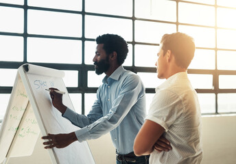 Training, mentor and business men with writing and startup talk at board for strategy meeting and...