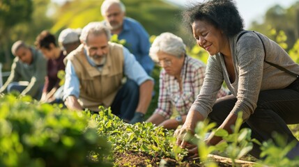 Seniors engaged in volunteer work, giving back to the community, highlighting the freedom that financial security provides