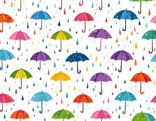 Fototapeta premium Seamless pattern of colorful umbrellas with raindrops on abstract white background, illustration wallpaper