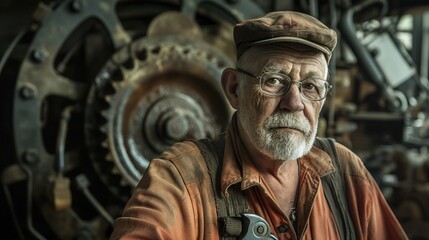 striking dieselpunk portrait of a gritty mechanic, with oil-stained clothes and a wrench in hand, embodying the industrial and mechanical aesthetic of the genre