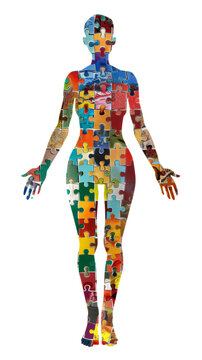 recommend clip art: Woman body outline made of jigsaw puzzle, concept of psychology or psychotherapy. PNG isolated on transparent background. 