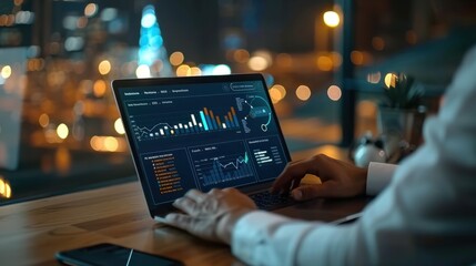 Businessman works on laptop Showing 2024 business trends dashboard with charts metrics. AI Ecommerce KPI analytical businessperson planning business growth 2024 New Year Future busines : Generative AI