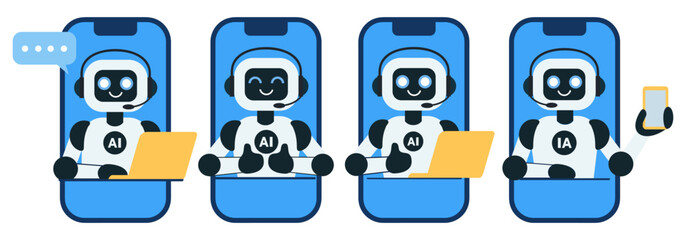 Set of cute chat bot robot with yellow laptop illustrations. Robot assistant with yellow laptop for customer support. AI bot helper. Concept of virtual conversation assistant for getting help. Robot