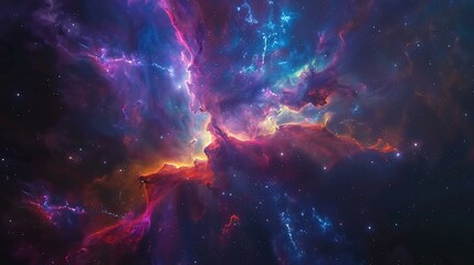 Majestic nebula formation with colorful gas clouds illuminated by distant stars set against the vast darkness of deep space