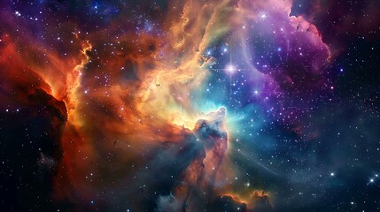 Fototapeta premium Majestic nebula formation with colorful gas clouds illuminated by distant stars set against the vast darkness of deep space