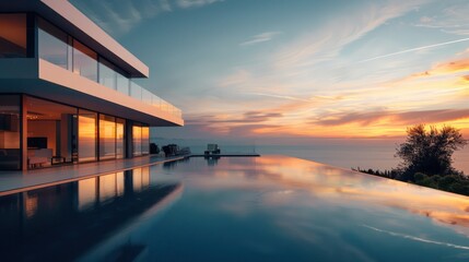 Fototapeta premium contemporary suburban home's infinity pool, blending seamlessly with the horizon at sunset