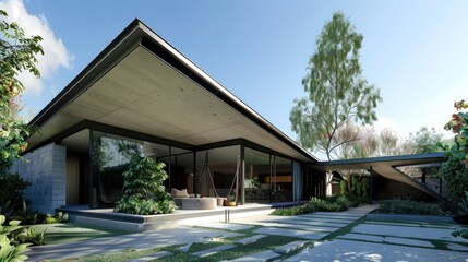 contemporary suburban home with a unique, angular roof design and a hidden courtyard that offers a private retreat